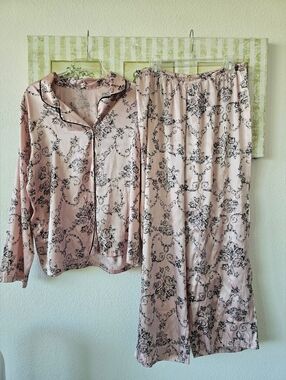 Gillian & O'Malley Luxe Satin Pajama Set Large Pink Black Floral Toile 2pc